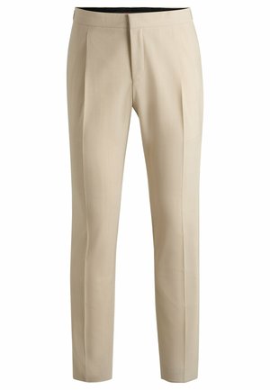 Beige tailored trousers with single pleats, straight legs, and a smooth texture. Features a discreet waistband and no visible hardware.