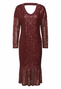 Burgundy paljettklänning med långa ärmar, V-ringning och utsvängd nederkant. Den glänsande ytan reflekterar ljus och skapar en texturerad, glittrande effekt.