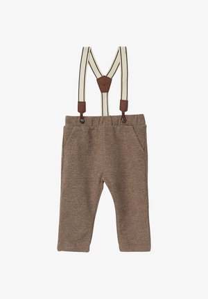 Brązowe spodnie w jodełkę z regulowanymi szelkami w paski, wyposażone w dwie przednie kieszenie oraz skórzane akcenty na szelkach.