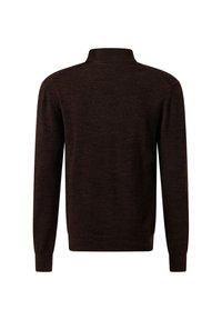 Maglione a maniche lunghe marrone scuro con polsini e orlo a coste e colletto alto, mostrato dal retro su uno sfondo bianco semplice.