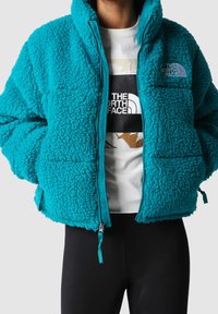 Zelenomodrý kabát z umělé kožešiny se zapínáním na zip, volným střihem, vysokým límcem a logem na levé straně hrudníku. Kombinován s černými legínami.