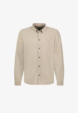 Beige langärmliges Hemd mit Knopfleiste, Kragen, geknöpften Manschetten und einem kleinen bestickten Logo auf der linken Brust.