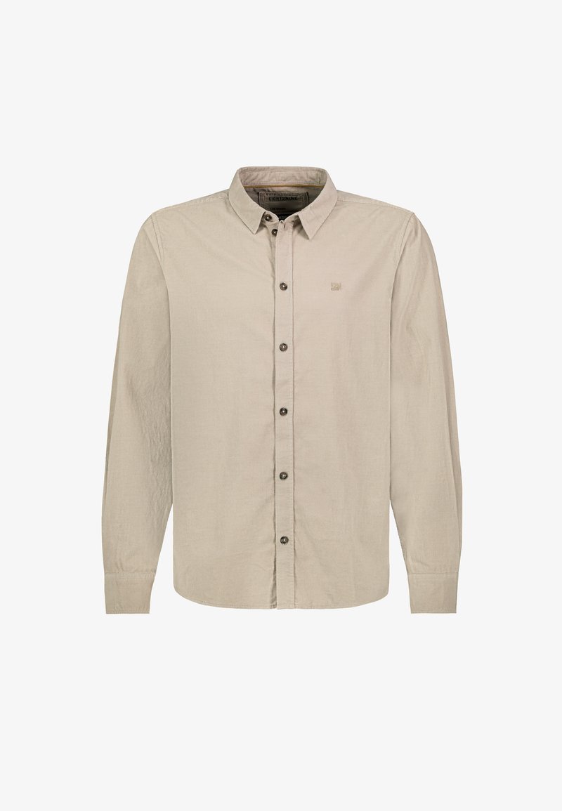 Beige long-sleeve button-up shirt with collar, buttoned cuffs, and a small embroidered logo on the left chest.