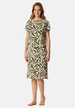 Robe courte à manches courtes de couleur verte et crème avec un motif botanique de feuilles, longueur au genou, coupe décontractée, fabriquée en tissu doux et respirant.