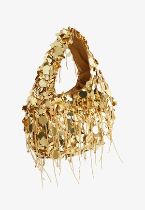 Zlatá kabelka pokrytá flitrami s visiťajúci okrúhlymi diskami a korálkovými strapcami, vybavená textilnou rukoväťou a otvoreným vnútrom.