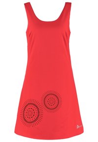 Rotes ärmelloses Kleid mit rundem Ausschnitt und ausgeschnittenen, kreisförmigen Mustern am Saum. Hergestellt aus einem glatten, leichten Material.