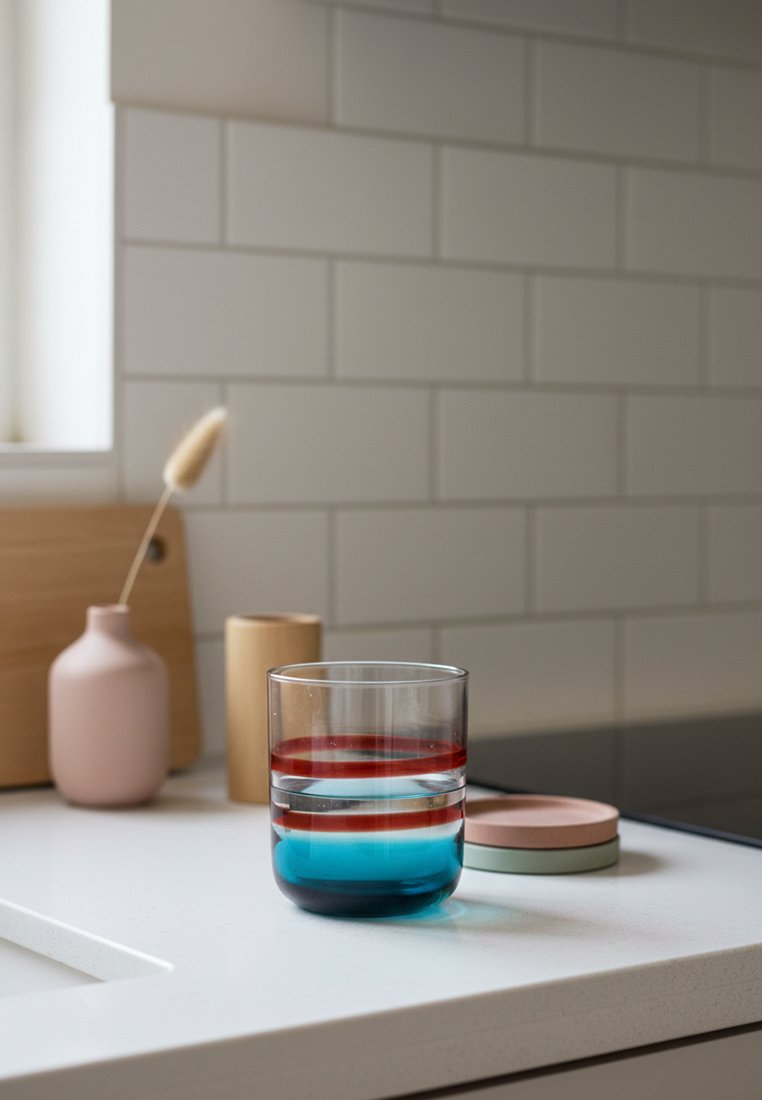 Czysta szklanka z niebieskimi i czerwonymi paskami na białym blacie kuchennym obok pastelowego wazonu, drewnianych pojemników i kafelkowego backsplashu.
