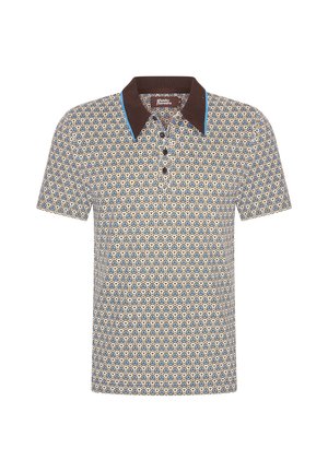 Lyhythihainen polo-paita, jossa on sininen ja beige geometrinen kuvio, ruskea kontrastikaulus ja kolmen napin yksityiskohta.