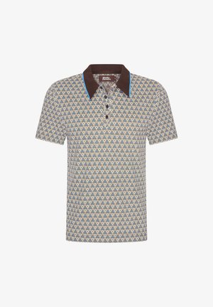 Kurzarm-Polohemd mit geometrischem Muster in Blau und Beige, braunem Kontrastkragen und Knopfleiste mit drei Knöpfen.