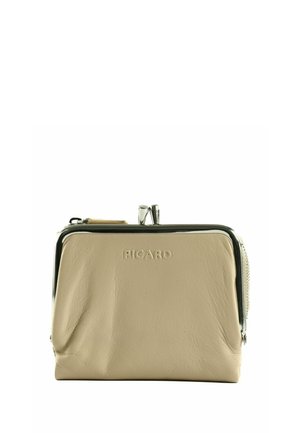 Porte-monnaie en cuir beige avec cadre métallique argenté et fermoir, logo "PICARD" embossé à l’avant et fermeture éclair sur le côté.