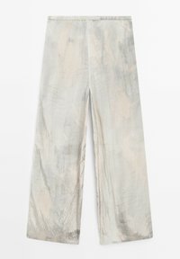 Lichtgrijze wijde broek gemaakt van een gladde, iets glanzende stof, met een subtiel, gemêleerd patroon en elastische tailleband.