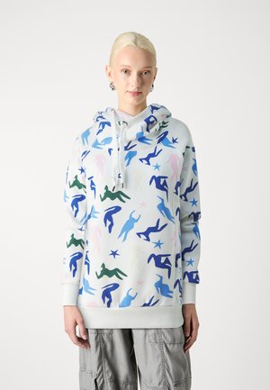 Kapuzensweatshirt met een lichte achtergrond en een patroon van gestileerde menselijke figuren in blauw, groen, roze en sterren. Zachte stof, relaxed fit.