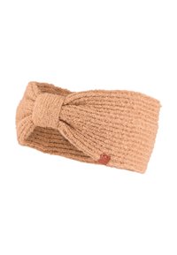 Dziewiınıny opaska na głowę w jasnobrązowym kolorze, z teksturowanym wzorem, grubym materiałem i skręconym węzłem z przodu. Widoczna mała metka z logo.