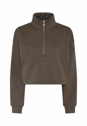 Pruun lühendatud dressipluus pikkade varrukate, kõrge kaeluse ja hõbedase pooltõmblukuga ees keskel.