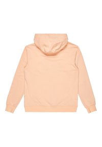 Peach-colored hoodie with long sleeves, a drawstring hood, and ribbed cuffs and hem. Smooth texture, plain design, no visible accents.