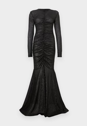 LONG SLEEVE V NECK SHIRRED FRONT FISHTAIL GOWN - Společenské šaty - black