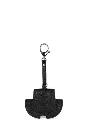 Portachiavi in pelle nera con finitura testurizzata, dotato di un gancio e di una forma arrotondata. Rinomato per il suo design elegante e l'hardware resistente.