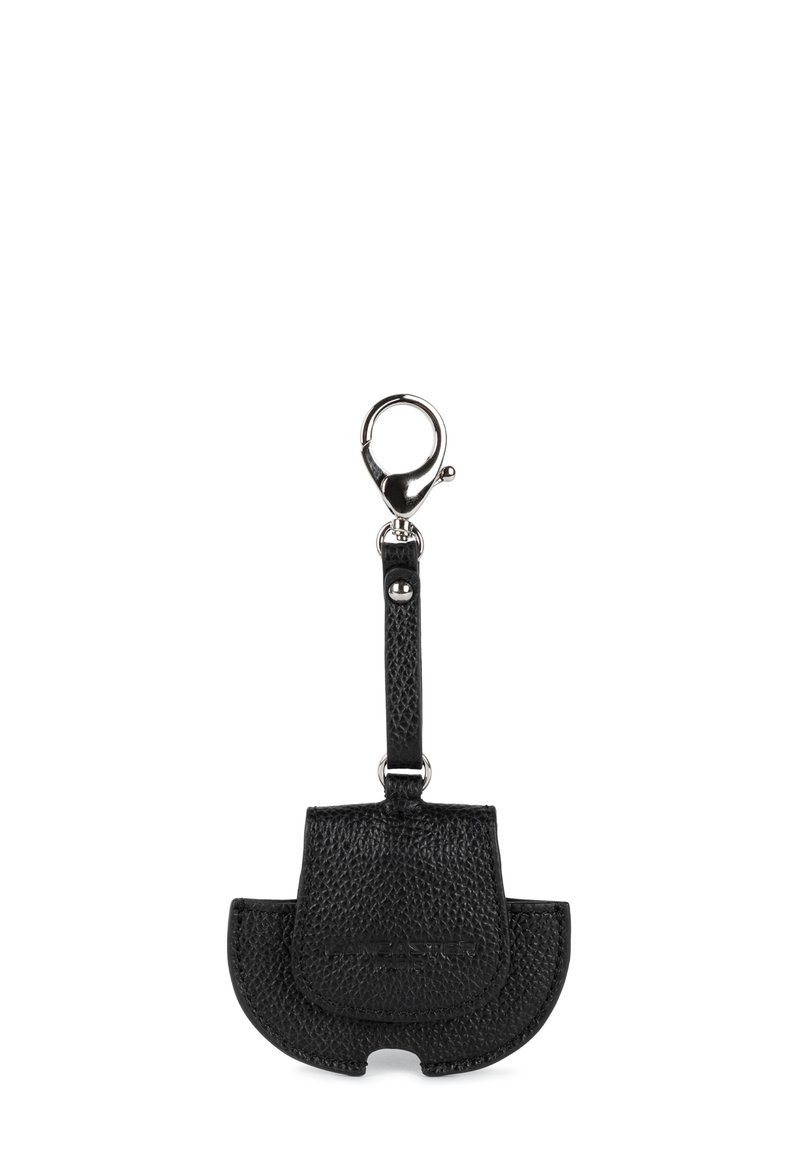 Portachiavi in pelle nera con finitura testurizzata, dotato di un gancio e di una forma arrotondata. Rinomato per il suo design elegante e l'hardware resistente.