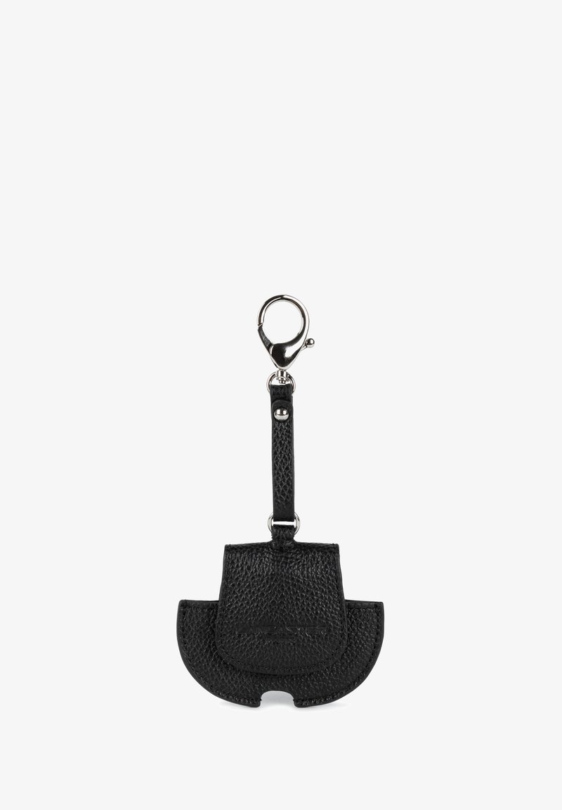 Black leather keychain holder with a textured finish, featuring a clip and a rounded shape. Notable for its sleek design and strong hardware.