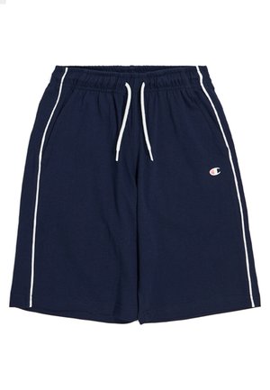Pantaloni corti blu navy con vita elasticizzata e cordoncino bianco, caratterizzati da strisce laterali bianche a contrasto e tasche frontali.