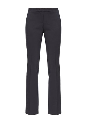 Pantaloni neri personalizzati con una vestibilità dritta, realizzati in un tessuto morbido. Presentano una vita a media altezza e una rifinitura dei dettagli cuciti minimale.