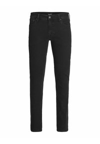 Black denim jeans with a straight cut, featuring a classic five-pocket design, button closure, and subtle stitching details.