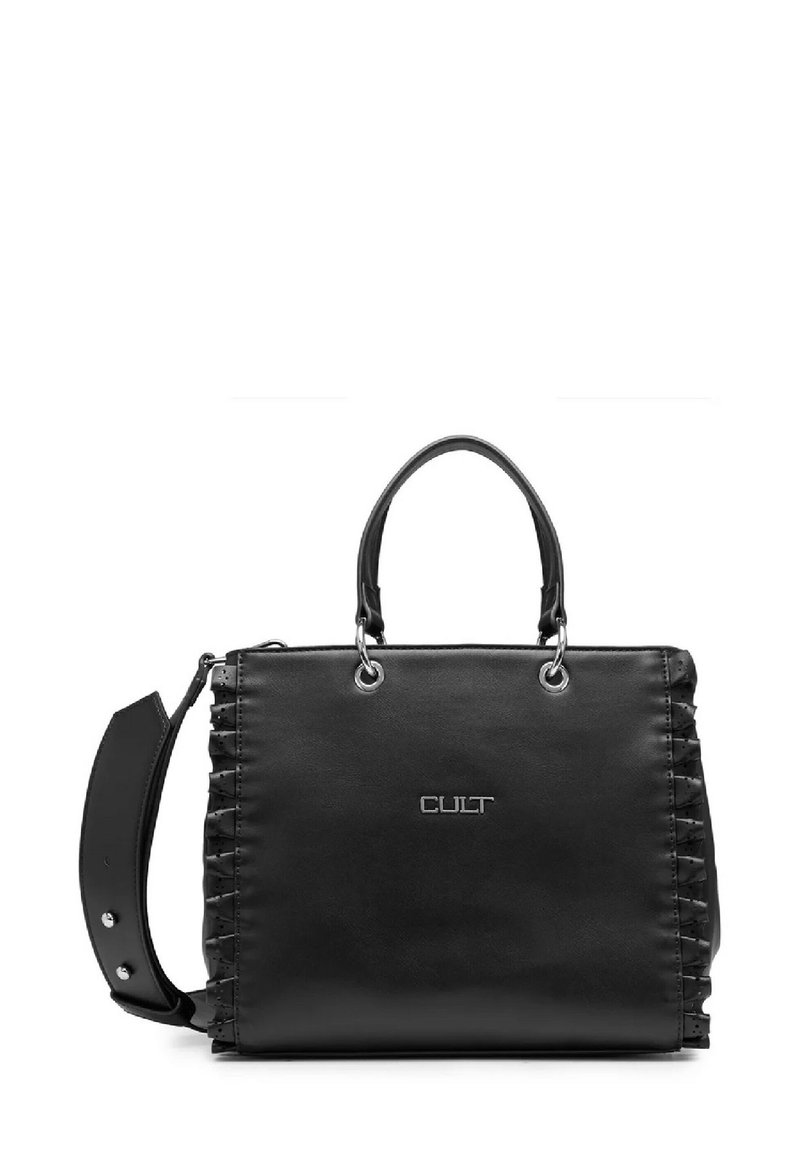 Borsa nera in pelle con tracolla regolabile, manici superiori e dettagli arricciati sui lati. Presenta hardware in argento e logo.