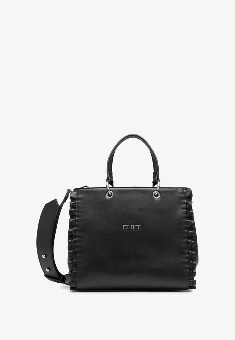 Borsa nera in pelle con tracolla regolabile, manici superiori e dettagli arricciati sui lati. Presenta hardware in argento e logo.