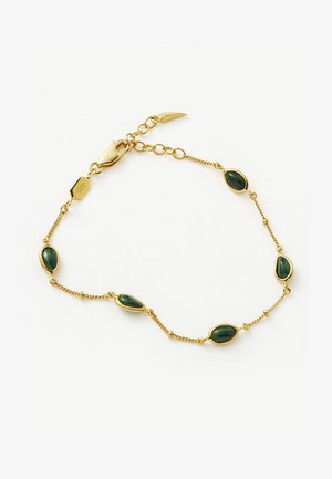 Kuldne käevõru, millel on viis ovaalset rohelist kivi, paigutatud kuldsesse raami, varustatud homaariklambri ja reguleeritavate ahelatega, mis pakuvad mõõtme paindlikkust.