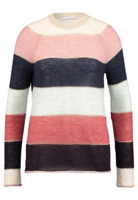 Gebreide trui met een ronde hals, voorzien van opvallende horizontale strepen in pastelroze, crème, marineblauw en donkerrood. Zachte textuur.