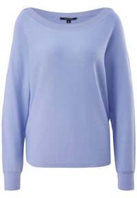 Pull violet clair avec un large col bateau, coupe ample, manches longues et détails côtelés aux poignets et à l'ourlet, fabriqué en tissu tricoté doux.