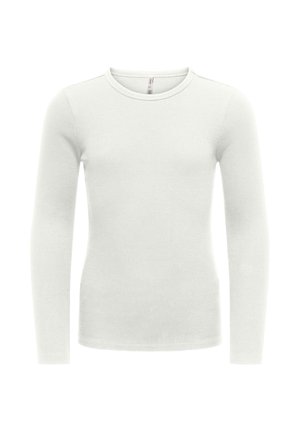 Long-sleeve, white ribbed crew neck shirt with a fitted cut, displayed on a plain white background.