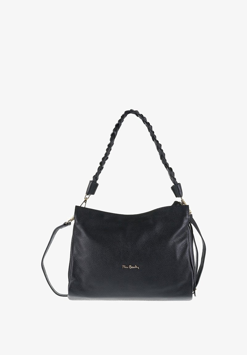 Borsa a mano in pelle nera texturizzata con manico intrecciato, tracolla aggiuntiva e piccolo logo dorato sul davanti.