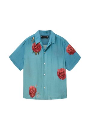 Blaues kurzärmeliges Hemd mit Knopfleiste, bedruckt mit roten Rosen auf Vorderseite, Ärmeln und unterer Seite, ausgestattet mit einem klassischen Kragen und einem "AllSaints"-Label innen.