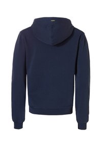 Marineblauwe hoodie met een kangoeroezak, ribgebreide boorden en zoom. Heeft een zachte, textuurstof en een ronde capuchonontwerp.
