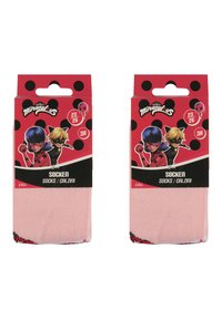 Calzini rosa per bambini confezionati in due paia, con pois neri e grafica dei personaggi di "Miraculous". Taglia 23-26.