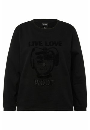 Schwarzer Pullover mit Rundhalsausschnitt. Verfügt über eine strukturierte Hundegrafik mit dem auffälligen Text "LEBEN LIEBE WUFF". Lange Ärmel.