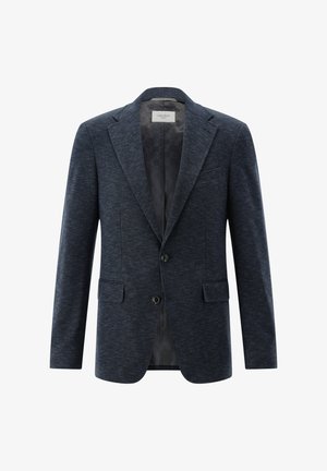 Textured navy blazer with a notched lapel, two buttons, and two front pockets. Interior features a patterned lining.