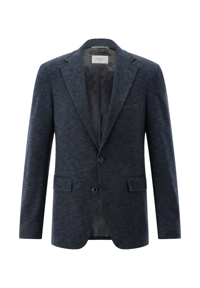 Textured navy blazer with a notched lapel, two buttons, and two front pockets. Interior features a patterned lining.