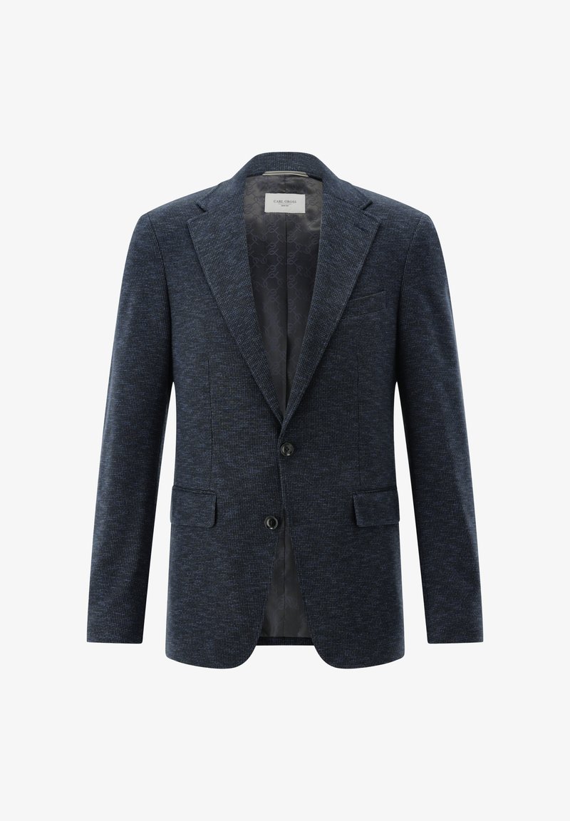 Strukturierter marineblauer Blazer mit einem Reverskragen, zwei Knöpfen und zwei Vordertaschen. Das Innenfutter ist mit einem Muster versehen.