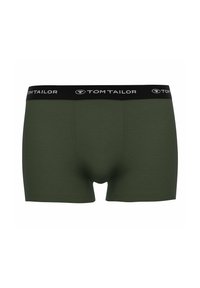 Olivgrüne Boxershorts aus weicher Baumwolle mit einem schwarzen elastischen Bund, der mit dem "TOM TAILOR"-Logo versehen ist. Nahtdetails an den Seiten.