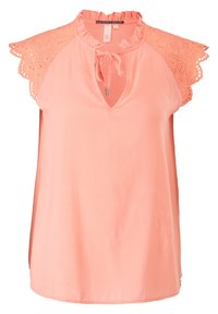Blusa pesca con colletto a balze e apertura a chiave, con dettagli in pizzo sulle spalle, tessuto leggero e vestibilità morbida.