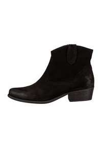 Botas de cowboy de ante negro con punta afilada y tacón bajo apilado, que cuentan con costuras decorativas y lengüetas para facilitar su puesta.