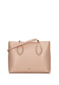 Zachte roze leren tote bag met gevlochten ovale accenten, twee bovenhandvatten en een merklogo op de voorkant. Glad textuur en gestructureerde vorm.