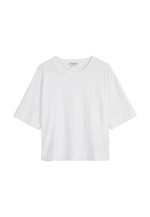 Weißes T-Shirt mit kurzen Ärmeln und rundem Ausschnitt, mit kleiner Vorderbrusttasche, aus leichtem, strukturiertem Stoff.