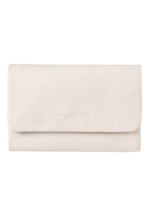 A light beige leather wallet with a smooth texture and a flap closure. Features embossed logo on the front. Rectangular shape, compact design.