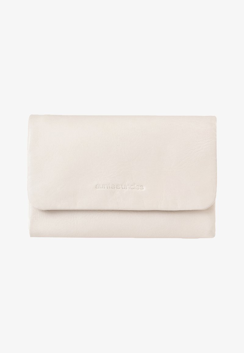 A light beige leather wallet with a smooth texture and a flap closure. Features embossed logo on the front. Rectangular shape, compact design.