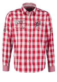 Camicia a maniche lunghe a quadretti rossi e bianchi, con cuciture decorative e loghi, e un motivo gingham sui polsini.