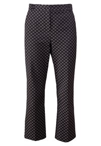 Svarta skräddarsydda byxor med ett subtilt beige geometriskt blommönster, rak passform och dragkedjestängning fram.