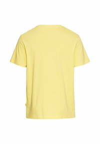 Gul bomulds T-shirt, korte ærmer, rund hals, glat tekstur, ensfarvet design, lige snit. Etiket synlig i nederste venstre hjørne.